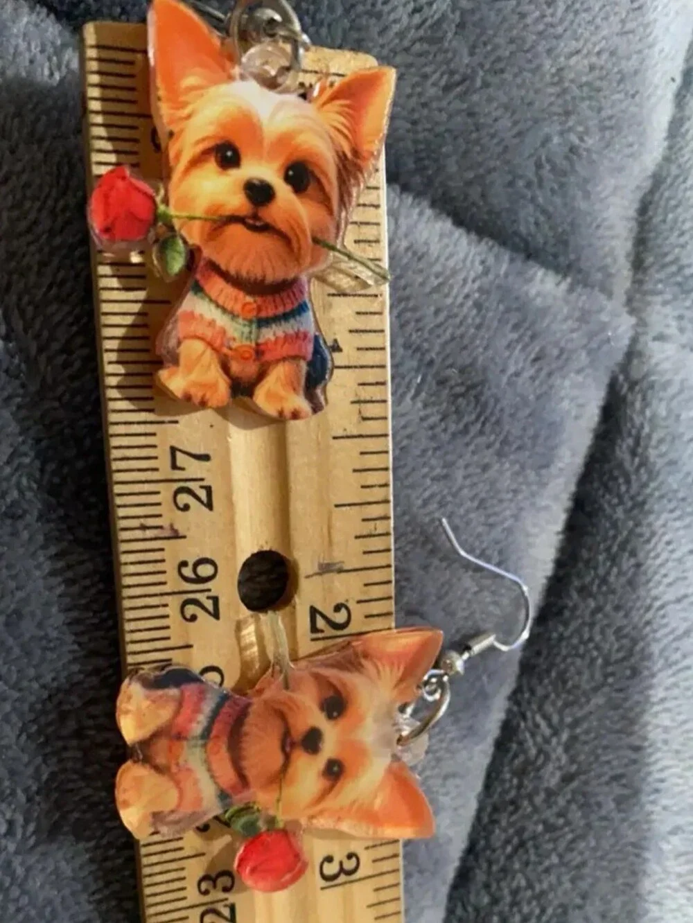 Hand Crafted Yorkie Puppy Earrings with Red Rose